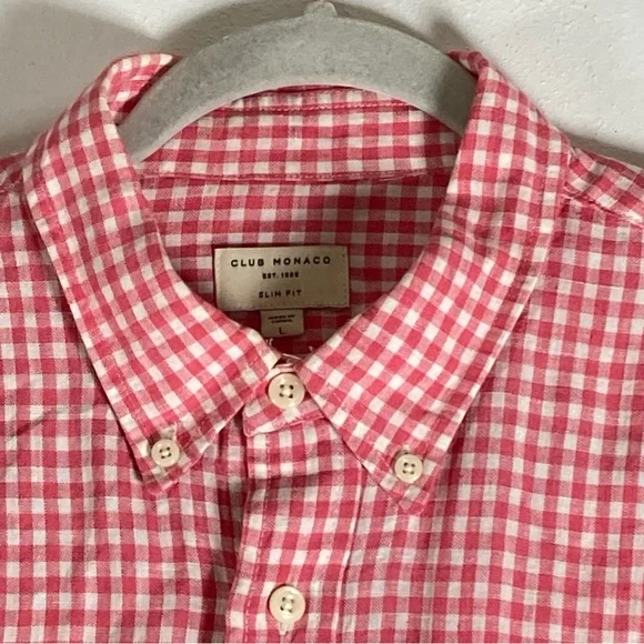 Club Monaco Gingham Check Shirt Pink Slim Fit Men Size L - Picture 6 of 16